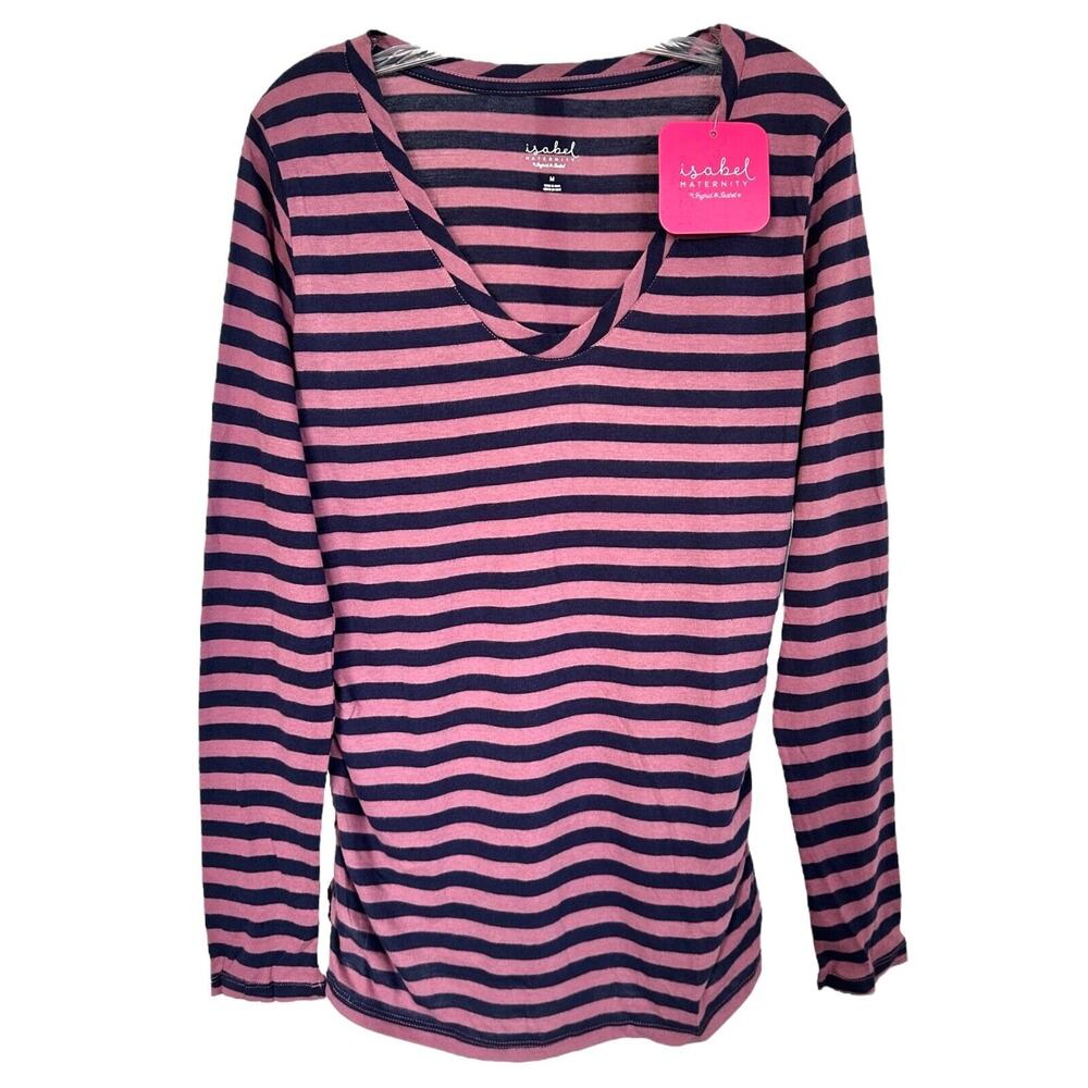 Isabel Maternity Women's Long Sleeve Scoop Neck Shirred Top Size M Mauve Striped